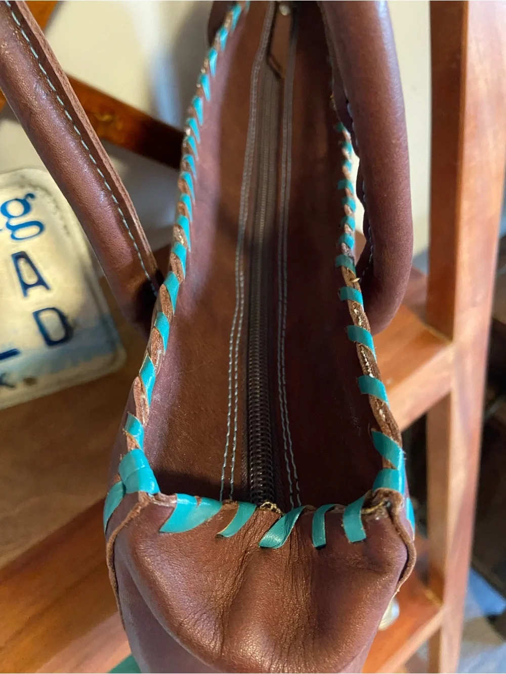 Leaders in Leather Paraguay Handbag Hand Tooled Cutout Satchel Brown Teal EUC